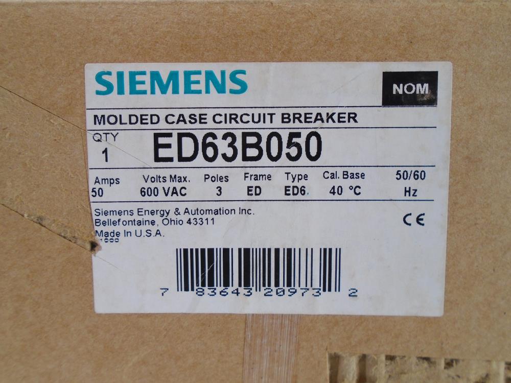 Siemens Sentron Circuit Breaker, 50 Amps, 600 VAC, 3-Pole, ED63B050